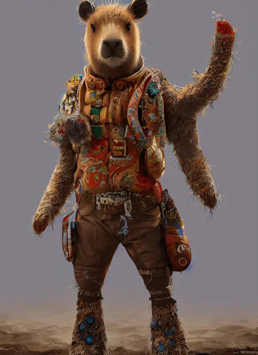 Image similar to detailed full body concept art illustration oil painting of an anthropomorphic capybara cowboy in full intricate clothing, biomutant, ultra detailed, digital art, octane render