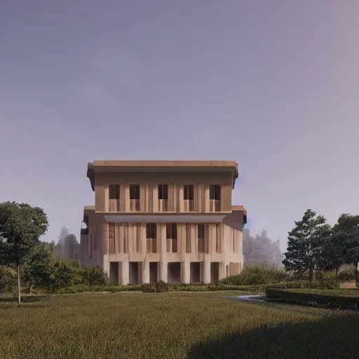 Prompt: modernist beige house inspired by tibetan palace, built like a stadium with garden in the middle, on a hill surrounded by big trees, dramatic lighting, artstation, realistic rendering, unreal engine, octane render, raphael lacoste, simon stalenhag, frank lloyd wright, drone view