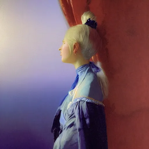 Image similar to a young woman's face, her hair is white and she wears a cobalt blue satin cloak, by ivan aivazovsky and syd mead and moebius and gaston bussiere and roger dean and pieter claesz and paul delaroche and alma tadema and aelbert cuyp and willem claesz, hyperrealistic, volumetric light, octane render