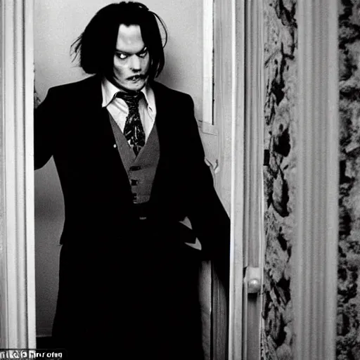 Image similar to Johnny Depp plays Jack Torrance in Shining, he is smashing through the door