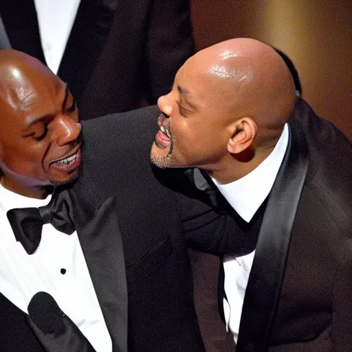 Prompt: wide-angle photo of Dave Chappelle slapping Will Smith at the Oscars, highly detailed, 8k, sharp focus, TMZ award winning photo