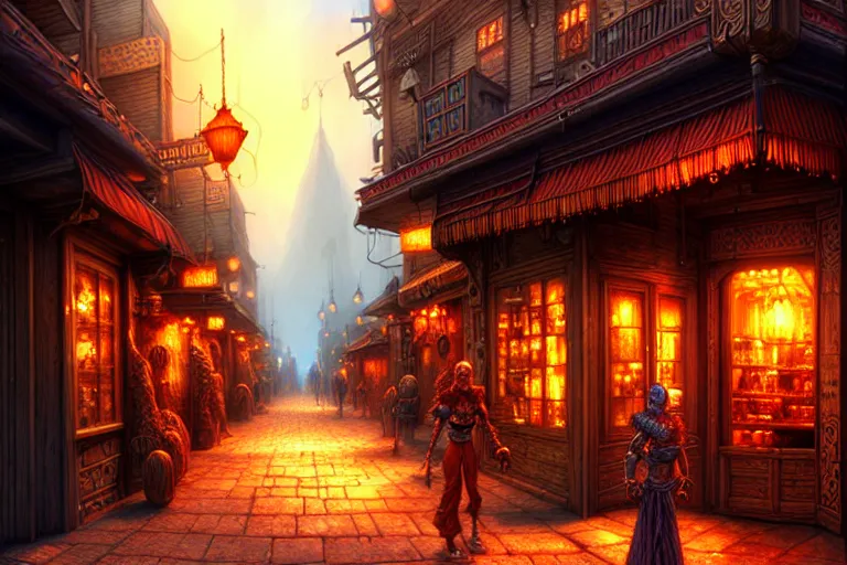 Image similar to a highly detailed bazaar street in the planescape city of sigil, amazing planescape digital painting, by gerald brom, brom digital art, intricate details, ultra realistic, beautiful art, volumetric lighting, warm colors advance cool colors recede, by brom, trending cgsociety, artstation, rim lighting, 8 k