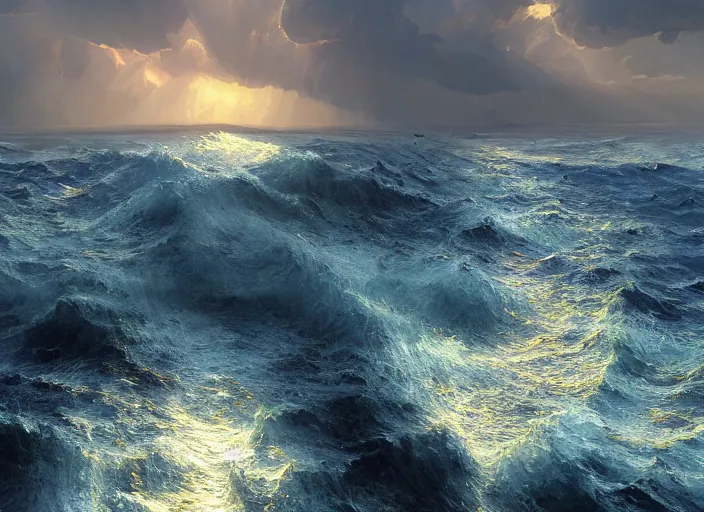 Image similar to an seascape painted by, mc escher, gordon onslow ford, georgia o'keeffe and ivan aivazovsky, cinematic light, god rays, unreal engine, zbrush central,