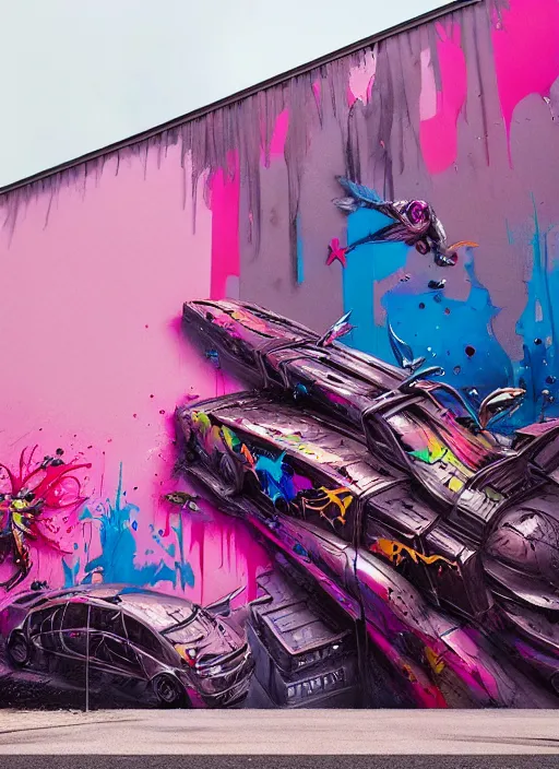 Image similar to matte painting extreme offset 3 d calligraphy graffiti mural dripping paint wall extreme maximalism by artur bordalo, by atey ghailan, by greg rutkowski, by greg tocchini, by james gilliard, by joe fenton, pink, brown, black and light blue color scheme, octane render