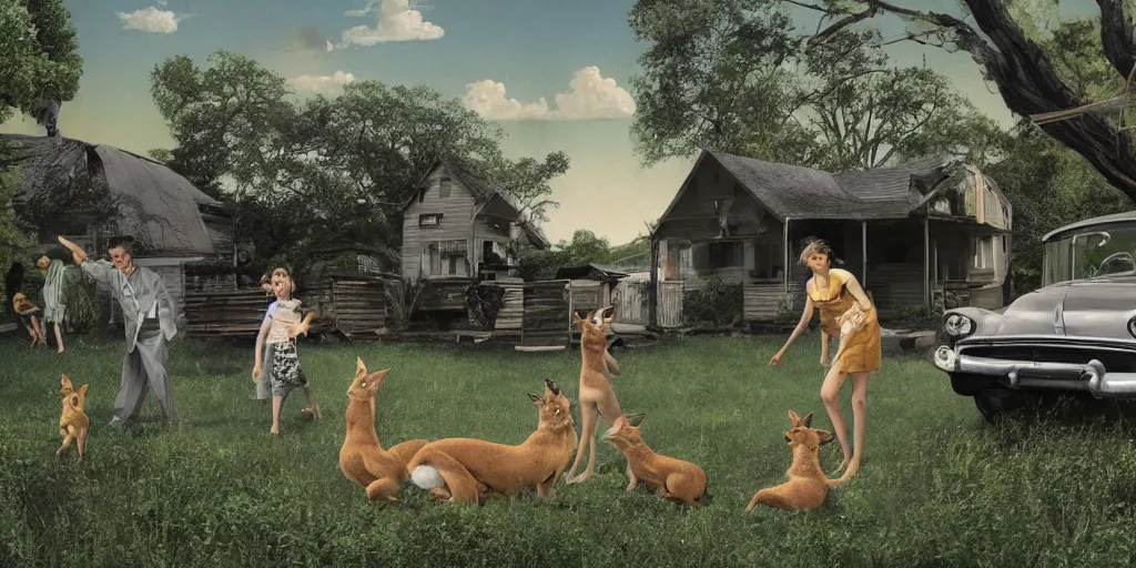 Image similar to hyperrealistic detailed sharp photograph in the style of popular science circa 1 9 5 5 and gregory crewdson of a 1 9 5 0 s dingo and pixie party on the lawn of a suburban cave mid summer