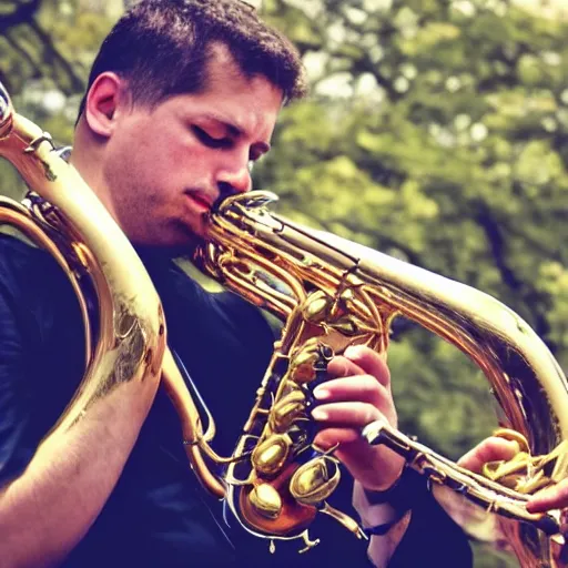 Image similar to a man playing three saxophones at the same time