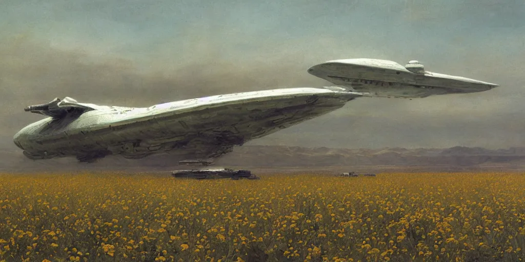 Prompt: Fernand Khnopff super technologies white giant spaceship starship battlestar airship landed laying in center on tansy wormwood field, snowy mountain afar by Fernand Khnopff by john berkey, oil painting, concept art