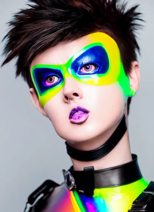 Prompt: realistic photo portrait of tracer overwatch, confident pose, wearing black iridescent rainbow latex, rainbow, neon, 4 k, expressive surprised expression, makeup, wearing detailed black leather collar, wearing sleek armor, studio lighting, black leather harness, expressive detailed face and eyes,