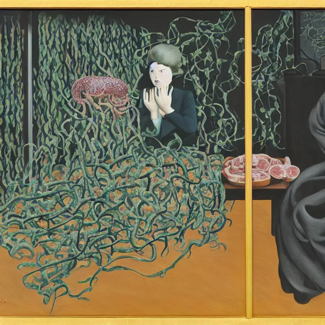 Image similar to a female pathology student in her apartment, wrapped in vines, medical equipment, candles, octopus, japanese tea ceremony, pig, black walls, ikebana, black armchair, sculpture, acrylic on canvas, surrealist, by magritte and monet