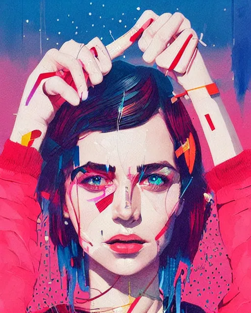 Image similar to an ultradetailed beautiful painting of a stylish woman with colorful band aids, concert poster, retro, conrad roset, greg rutkowski