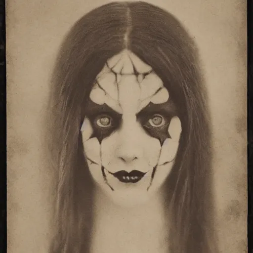 Prompt: a beautiful portrait of a pretty demonic succubus woman with a symmetrical and gorgeous but delicate face, XIX century photo , well and symmetrically composed, gloomy and dreamy