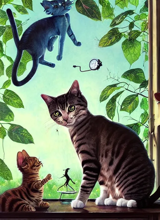 Image similar to a hyper realistic cat meeting an alien. and sunbeams blue sky, lush forest foliage painting by chiara bautista and norman rockwell and greg rutkowski weta studio, and lucasfilm