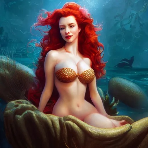 Image similar to Christina Hendricks as the little mermaid by Stanley Artgerm Lau, WLOP, James Jean, Andrei Riabovitchev, Marc Simonetti, Yoshitaka Amano, ArtStation, CGSociety