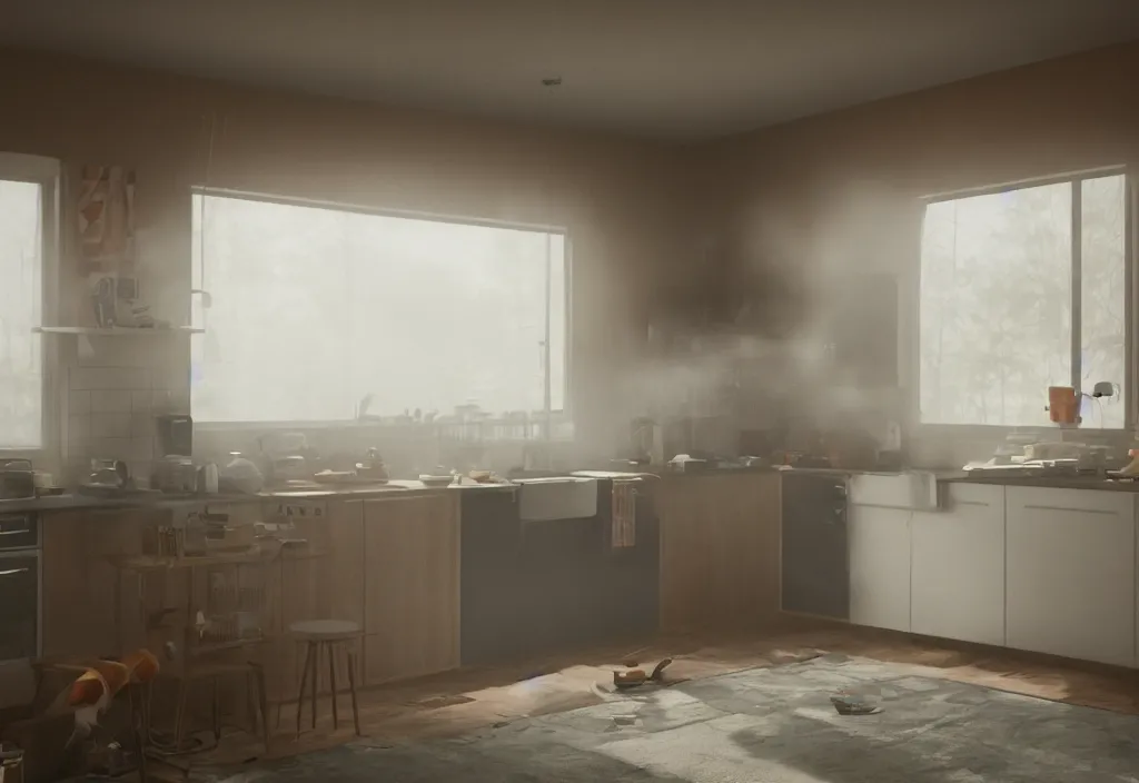 Prompt: kodak portra 4 0 0 photographic and realistic, 7 0's kitchen, detailed, octane render, unreal engine, 4 k, artstation, hyper realistic, wide angle, 3 5 mm, sharp focus, soft light, volumetric light fog, in the style of gregory crewdson