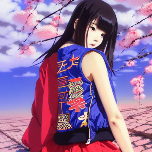 Image similar to a beautiful japanese lalisa alluring gravure model, wearing oversized designer bomber jacket and leotard, bulky poofy bomber jacket with mesoamerican patterns, mesoamerican native street fashion, gapmoe yandere grimdark, trending on pixiv fanbox, painted by greg rutkowski makoto shinkai takashi takeuchi studio ghibli, akihiko yoshida