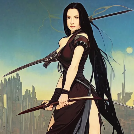 Image similar to portrait of a woman, long black hair, holding sword, in front of a sci fi cityscape, by makoto shinkai, alphonse mucha, masamune shirow, detailed, cinematic, wide angle, dark sepia toned shading, luminescent eyes, detailed face, expressive eyes, blue fire everywhere, trending on artstation.