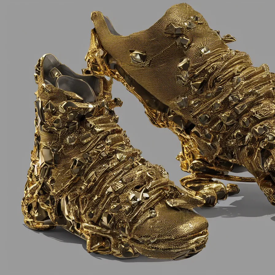 Image similar to futuristic balenciaga sneakers, nft art, highly detailed, hyper realistic, a ton of bussdown iced gold bling in wallace & gromit strata - cut claymation, ultra realistic, concept art, intricate details, serious, highly detailed, photorealistic, octane render, 8 k, unreal engine