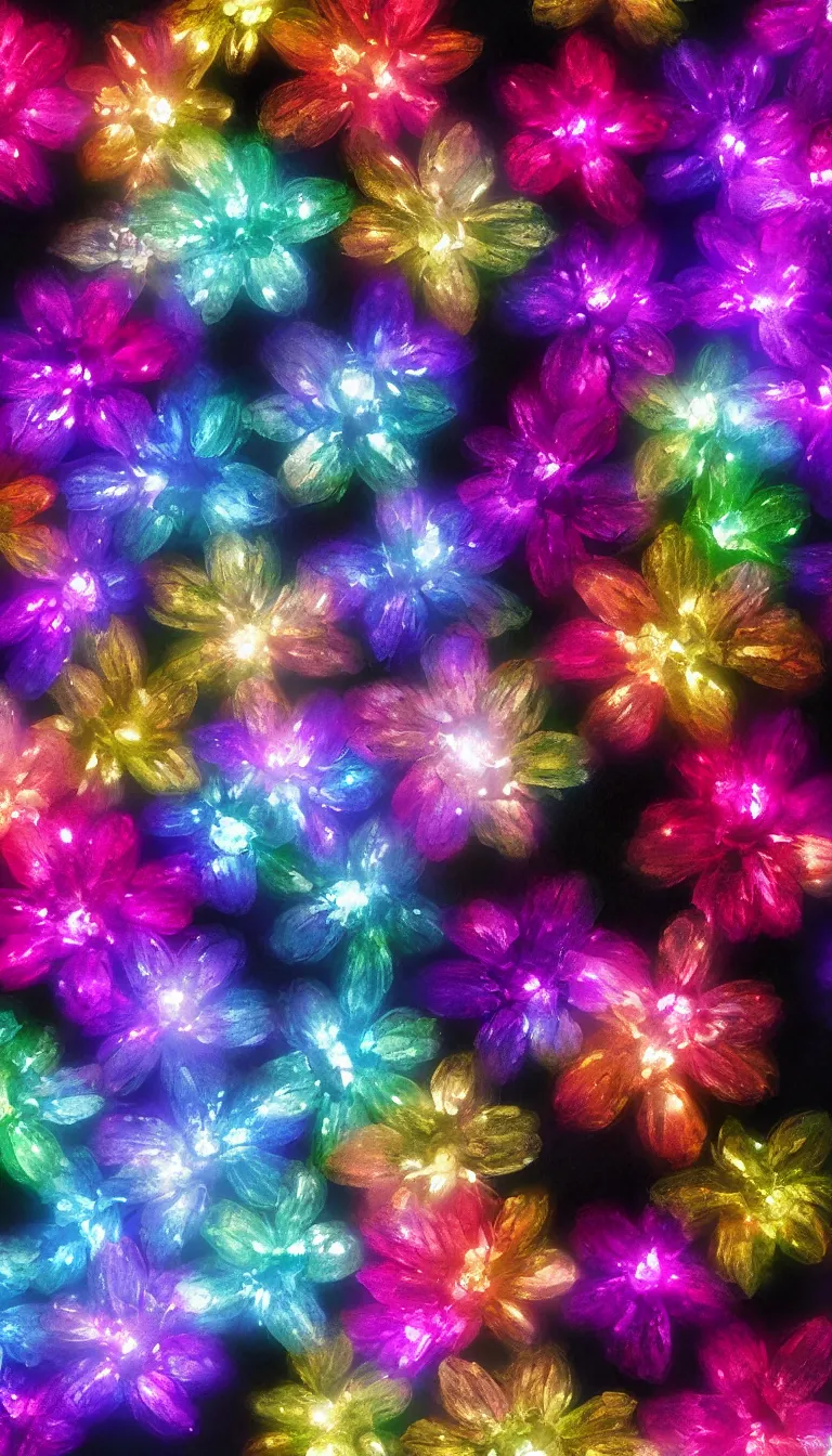 Prompt: beautiful glowing colorful diamonds flowers, volumetric dramatic light, dark black background, sharp focus, highly realistic, octane render, art by greg rutsowski