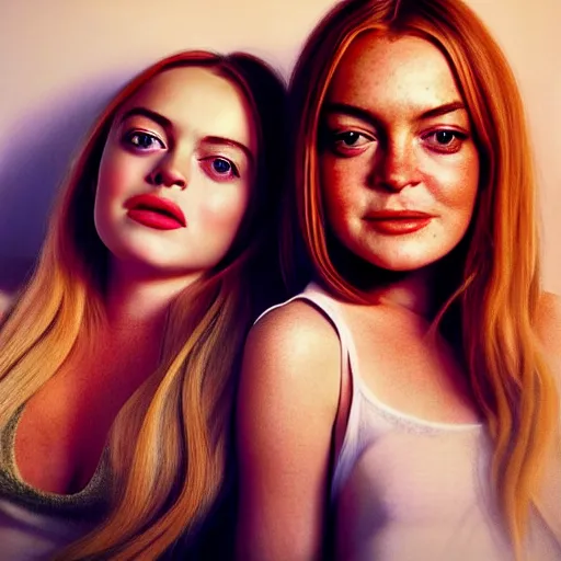 Image similar to intricate beautiful hyperreal portrait of a young lindsay lohan and a young lindsay lohan, smiling softly, casual clothes, relaxing on the couch, home interior, golden hour, close up shot, 8 k, art by irakli nadar, hyperrealism, hyperdetailed, ultra realistic