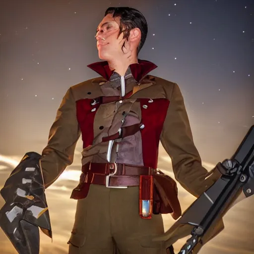 Image similar to Jason Rose as General Ironwood from RWBY, vintage, back to the camera, looking up, night sky