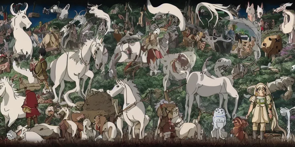 Image similar to war, horses, knights, king, a magical palace on a mountain, a white dragon spirit flying in the sky, miyazaki's animated film, ghibli studio, spirited away, princess mononoke,