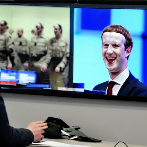 Image similar to laughing mark Zuckerberg at a busy military situation room with giant monitors. Cross hairs and military vision are on the screens.