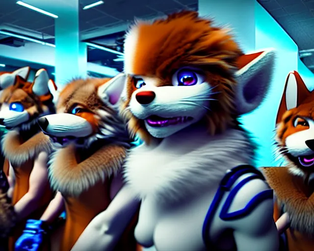 Image similar to high - resolution photograph from a nanopunk era furry fandom convention ( midwest furfest 2 0 4 7 ), taking place after the genetic revolution and singularity. photorealistic.