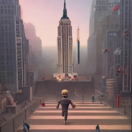 Prompt: Jetpack Santa flying past the empire state building greg rutkowski giorgio de chirico john currin clarence holbrook carter mark ryden simon stalenhag