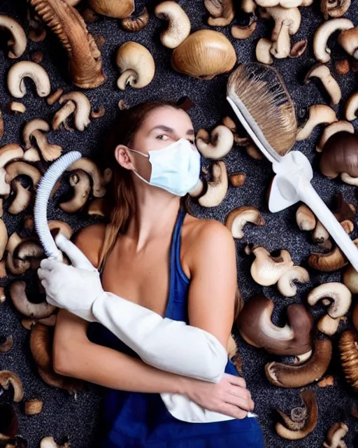 Image similar to beautiful model wears a breathing mask while scrubbing the floor of of room covered in Mushrooms, and indigo house mice, photorealistic and surreal