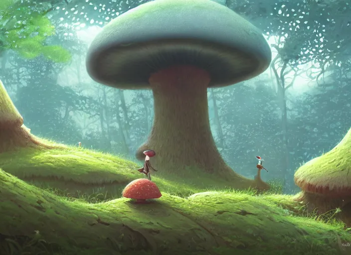 Image similar to an ultra detailed matte landscape of a giant mushroom forest, carmine birds, detailed, cory loftis, james gilleard, tomasz alen kopera, goro fujita, studio ghibli, rim light, exquisite lighting, clear focus, very coherent, plain background, soft painting