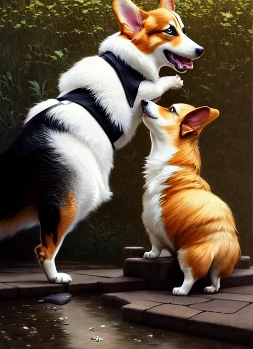 Image similar to ein the corgi playing with a tuxedo cat, fantasy, intricate, elegant, hyper detailed, ultra definition, photoreal, artstation, unreal engine rendered, concept art, smooth, sharp focus, illustration, art by artgerm and greg rutkowski and alphonse mucha and garis edelweiss