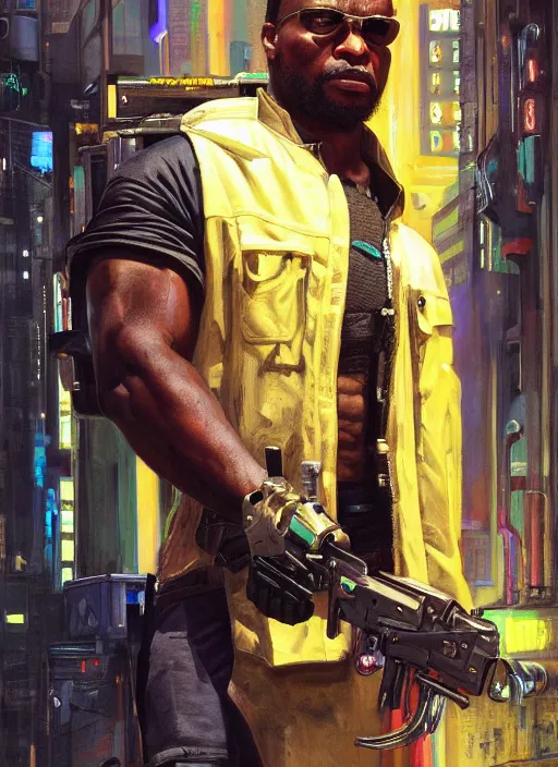 Image similar to Chidi Igwe. Buff Cyberpunk policeman with robotic legs. (Cyberpunk 2077, bladerunner 2049). handsome face. Iranian orientalist portrait by john william waterhouse and Edwin Longsden Long and Theodore Ralli and Nasreddine Dinet, oil on canvas. Cinematic, vivid colors, hyper realism, realistic proportions, dramatic lighting, high detail 4k