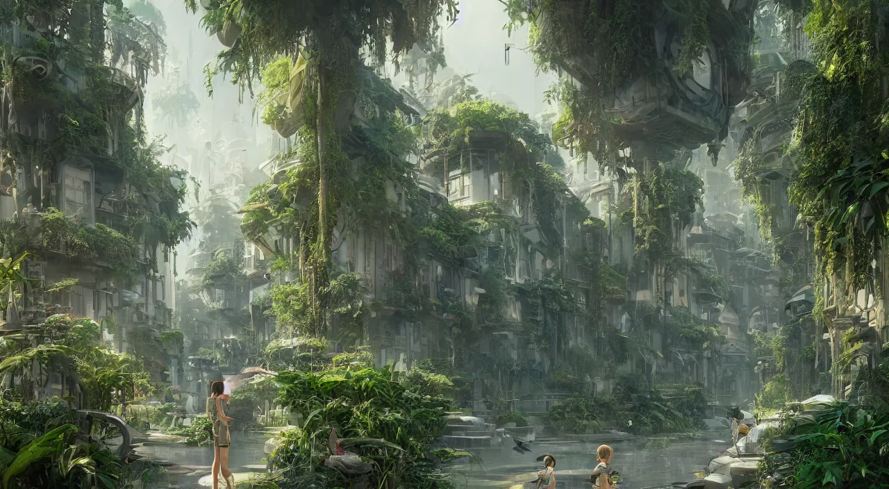 Image similar to Futuristic venice in Art Nouveau Architecture, movie concept art, Breath of the wilde, studio ghibli style, Lush vegetation with ferns, miyazaki, Craig Mullins dappled lighting, octane render, cinematic, photographic, realistic, highly detailed