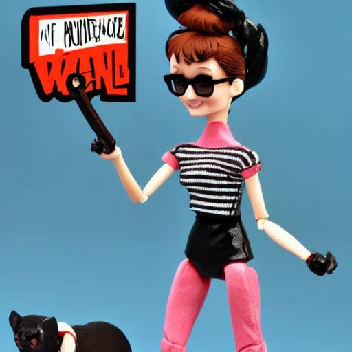 Image similar to audrey hepburn cos play walking 5 small dogs, stop motion vinyl action figure, plastic, toy, butcher billy style