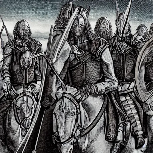 Image similar to illustration of The riders of Rohan in the style of J.R.R Tolkien 4K detail