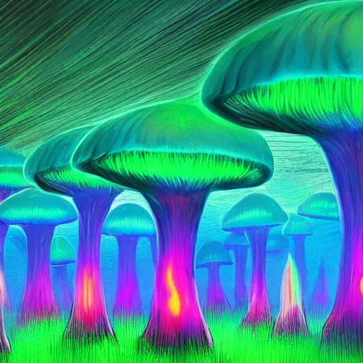 Image similar to Vast forest of many giant glowing mushrooms, Neon colors, psychedelic art, trippy, 4k, HQ, Trending on Artstation