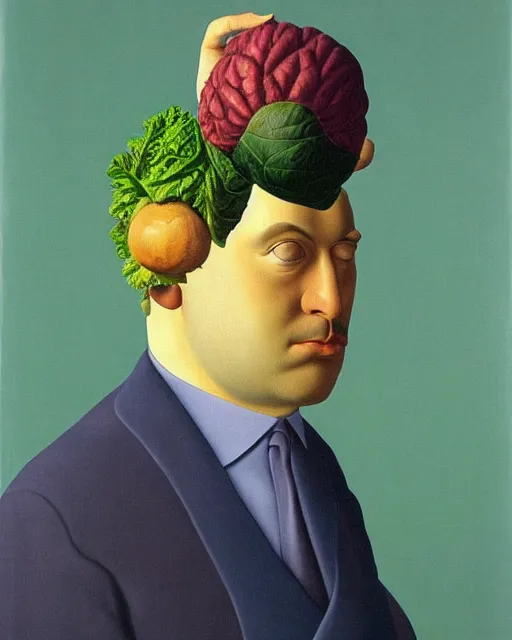 Image similar to painting of a man with a cabbage in the place of his head, masterpiece, painted by René Magritte