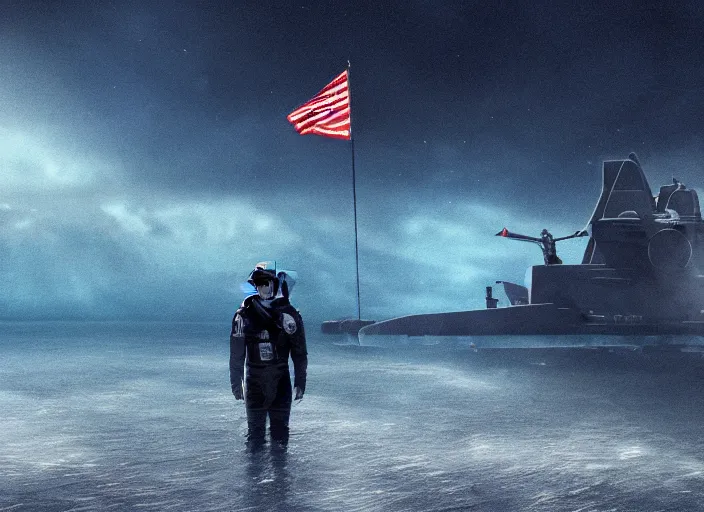 Image similar to astronaut holding a flag in an underwater desert. a submarine is visible in the distance. dark, concept art, cinematic, dramatic, atmospheric, 8 k, trending on artstation, blue, fish, low visibility, fog, ocean floor, christopher nolan, interstellar