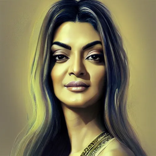 Image similar to “A dreamy masterpiece portrait of Sushmita Sen , artstation”