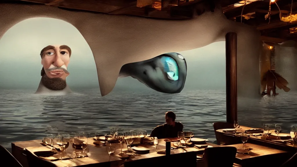 Image similar to the giant floating nose in the restaurant, made of water, film still from the movie directed by Denis Villeneuve with art direction by Salvador Dalí, wide lens