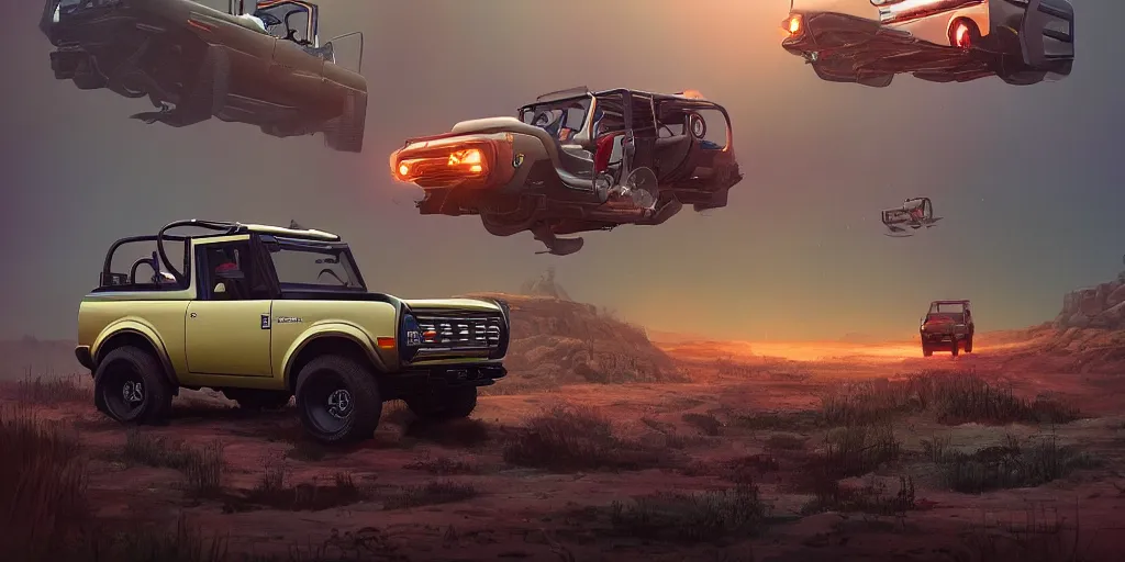 Image similar to 2022 ford bronco, an epic fantasy, dramatic lighting, cinematic, establishing shot, extremely high detail, photorealistic, cinematic lighting, artstation, by simon stalenhag, horizon forbidden west