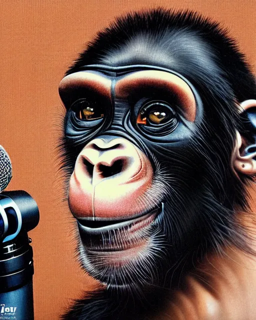 Prompt: a portrait of an anthropomorphic cyberpunk chimp singing into a microphone on a stand by sandra chevrier, by jon foster, detailed render, tape deck, epic composition, cybernetics, 4 k realistic, cryengine, realistic shaded lighting, sharp focus, masterpiece, by enki bilal