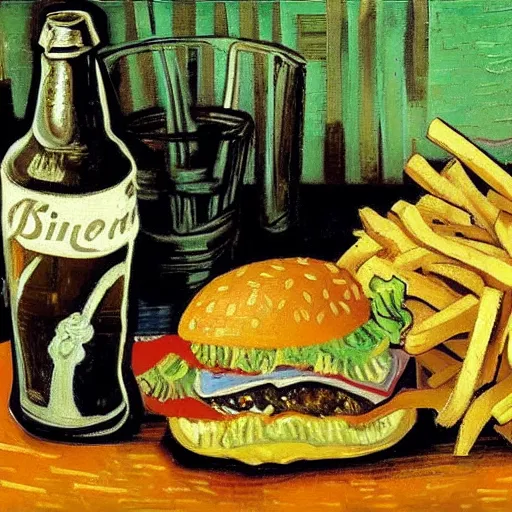 Image similar to cheeseburger menu with fries and coke painting by van gogh