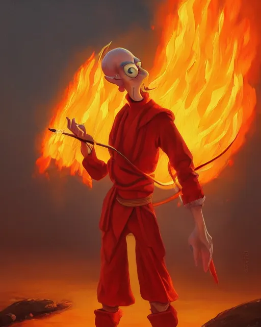 Prompt: [ [ squidward ] ] wearing fire nation clothing and practicing firebendingoutside at susnset, oil painting, highly detailed, intricate, hd, sharp focus, photorealistic, by moebius and greg rutkowski, trending on artstation, trending on cgsociety, realistic shading and lighting