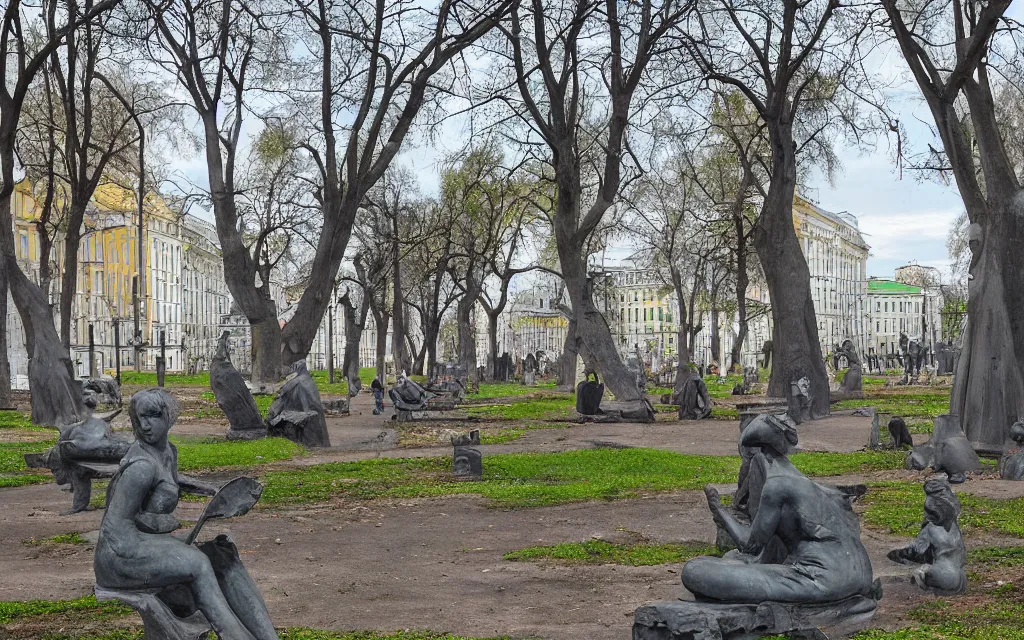 Prompt: the statue park in st. petersburg, by kenton brown,