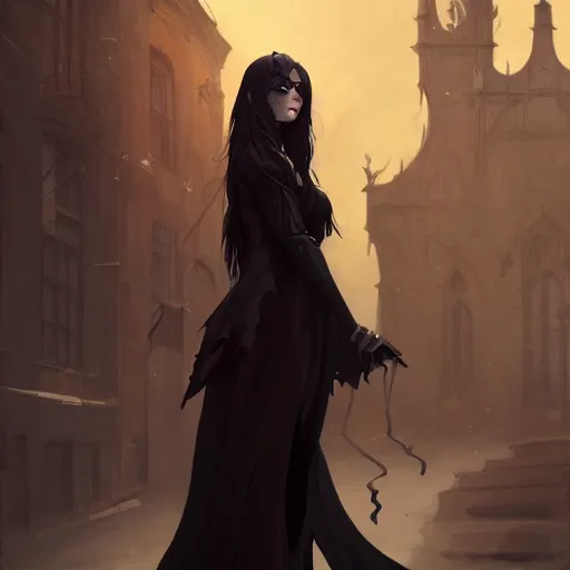 Image similar to female human vampire witch in the style of greg rutkowski, makoto shinkai, trending on artstation, character design, concept art, pretty face, highly detailed, long black hair, portrait, digital art