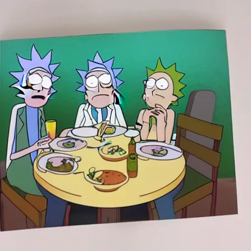 Prompt: Rick and Morty having dinner, layered paper style