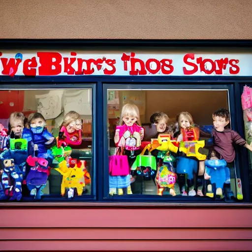 Prompt: kids peeking through a toy store's window from outside