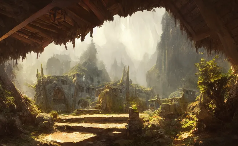 Image similar to painting of a series of opposing living quarters overlooking communal area carved into a mountain, lush garden with hot spring between, cozy bed, well maintained, clean, medieval, fantasy genre, natural light, fantasy, natural light, concept art, by greg rutkowski and craig mullins, cozy atmospheric and cinematic lighting, trending on artstation