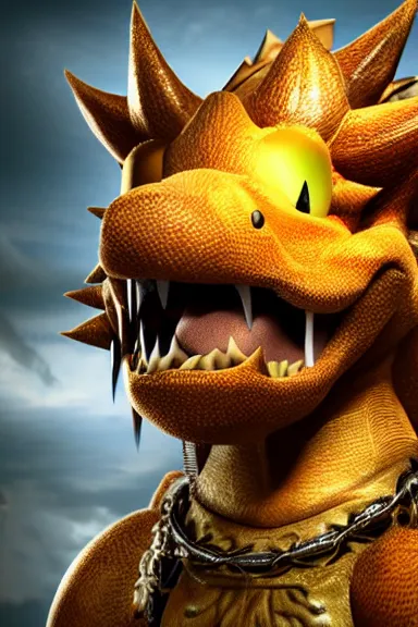 Image similar to very very intricate photorealistic photo of bowser in an episode of game of thrones, photo is in focus with detailed atmospheric lighting, award - winning details